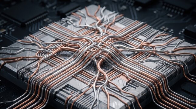 A computer processor with a complex network of copper and silver wires on a circuit board background.