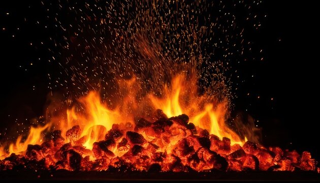 Intense fire and glowing embers in a dark setting.