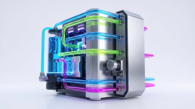 A highly detailed 3D rendering of a custom computer watercooling system with colorful tubes and a sleek metal case.