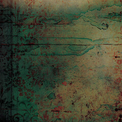 Fototapeta premium Rustic turquoise grunge background with distressed paint, floral damask accents and vintage texture. Artistic abstract backdrop, weathered decorative design.