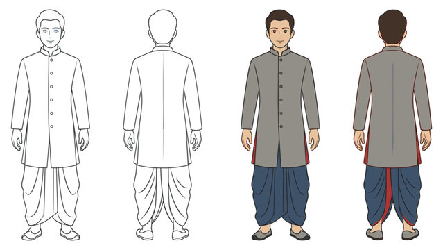 Indian men wearing traditional dhoti and kurta in outline and colorful flat vector sets.