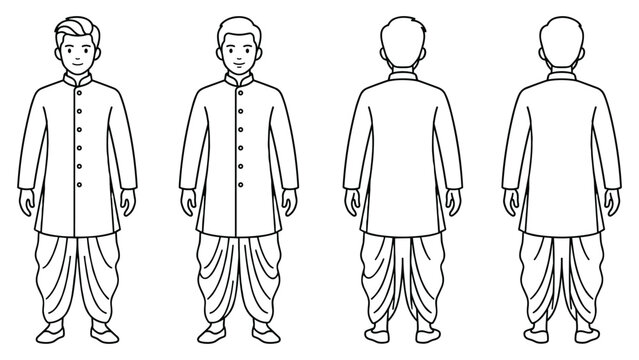 Traditional Indian men wearing dhoti and kurta in various standing and back view poses.