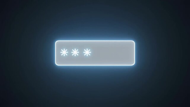 Digital password input field with glowing asterisks on a dark background.
