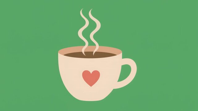 A cute flat illustration of a steaming coffee cup with a heart symbol isolated on green screen chroma key background. Perfect decoration for romantic theme or Valentine's Day.