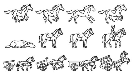 Set of horse in various poses, running, sleeping, and pulling cart on white background. © jubayer71