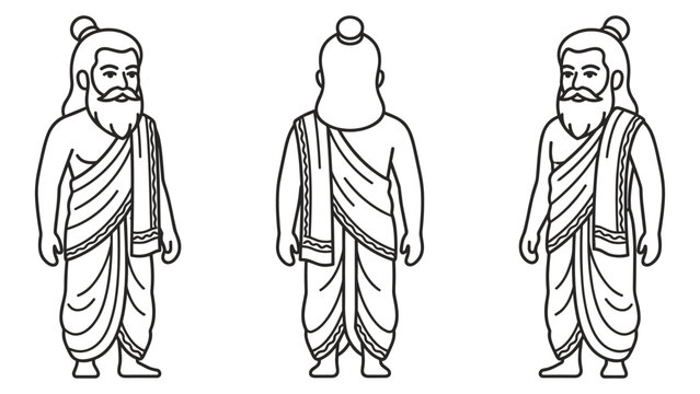 Set of guru in traditional outfit, front, back, and side view on white background.