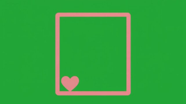 A simple pink rectangular frame with a heart icon isolated on green screen chroma key background. Perfect frame decoration for romantic theme or Valentine's Day.