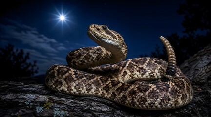 Obraz premium Coiled rattlesnake under the bright full moon at night.