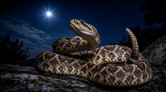 Coiled rattlesnake under the bright full moon at night.