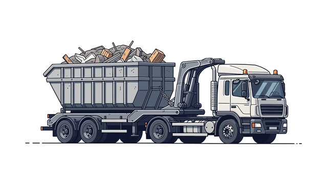 Garbage truck with construction debris container isolated on white.