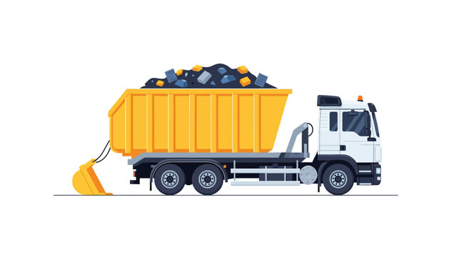 Industrial hook-lift truck with yellow skip container and construction waste illustration