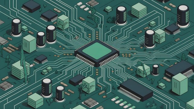 Isometric green circuit board with central microchip and electronic components.