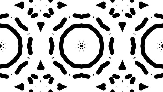 Abstract black and white dashed symmetric tribal geometric kaleidoscope motion background. monochromatic ornament.