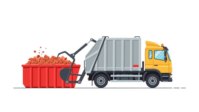Refuse truck with hydraulic arm lifting red skip full of construction bricks. Vector illustration for waste management.