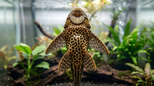 Leopard pleco catfish sucking on aquarium glass tank with green plants background.