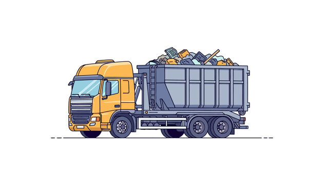 Yellow waste management truck illustration with full skip container