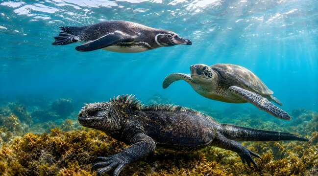 Marine iguana sea turtle and penguin swimming together underwater in Galapagos.