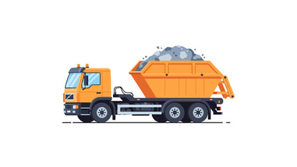 Fototapeta premium Flat Vector Illustration of an Orange Skip Loader Truck with Construction Rubble