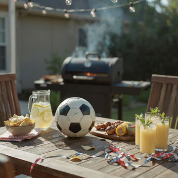 Soccer ball sits on a wooden patio table next to refreshments and snacks with a backyard barbecue grill in the background.