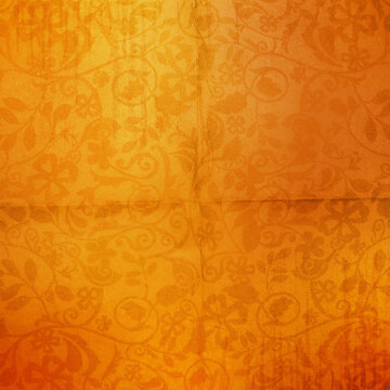 Warm orange vintage floral background with decorative scroll patterns and distressed paper texture. Elegant retro backdrop for invitations, packaging and creative designs.