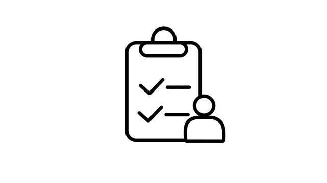 Animated line icon illustrating a manager user evaluating performance tasks on a project clipboard document checklist with checkmarks.