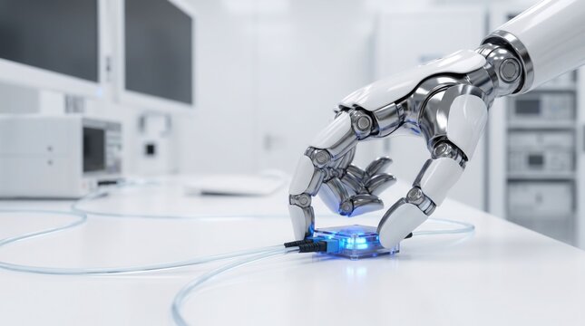 A shiny metallic robotic arm with white accents interacts with a small blue-lit device on a sleek white tabletop in a modern laboratory setting.
