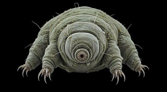 Scanning electron micrograph of a tardigrade water bear on a black background.