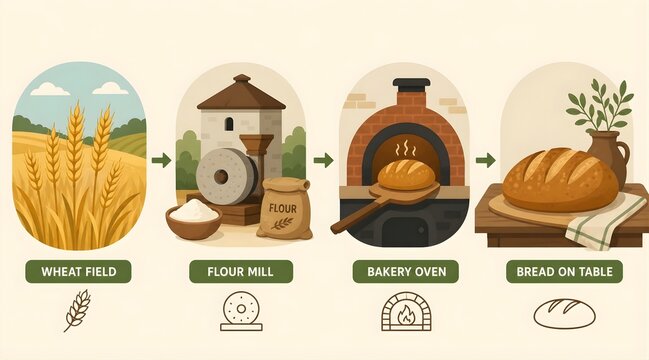 Step by step infographic of bread production process from wheat field to table.
