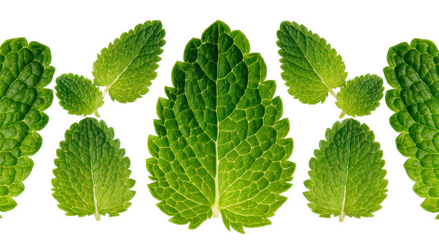 Isolated vibrant spearmint or peppermint leaves arranged for a natural design element