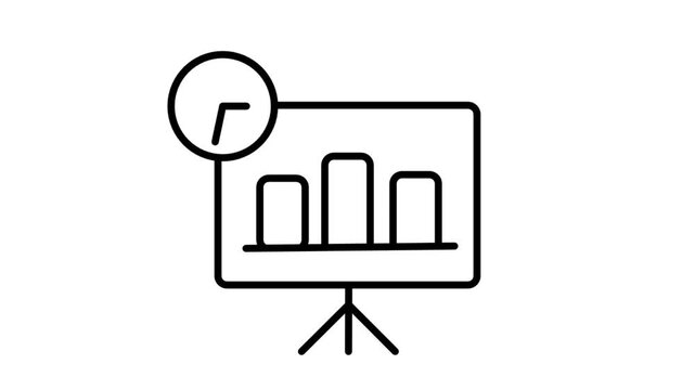 Animated line icon presenting a corporate business whiteboard displaying data bar charts under a project schedule timeline management clock.