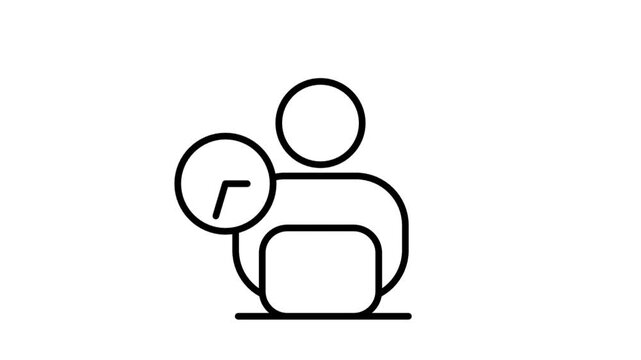 Animated line icon featuring a professional worker user on a laptop tracking task hours with a schedule timer clock.