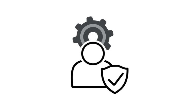 Animated line icon showing an expert user profile with a gear mind protected by a secure checkmark shield defense.