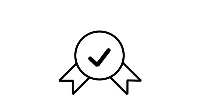 Animated line icon displaying a premium quality award ribbon rosette badge featuring an approved checkmark for certified guarantee trust.