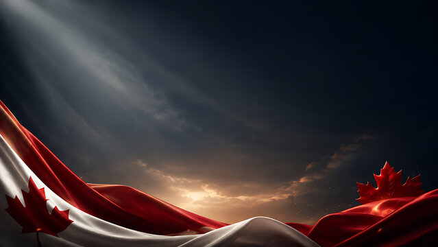 Canadian flag background with waving red white fabric under dramatic stormy sunset sky
