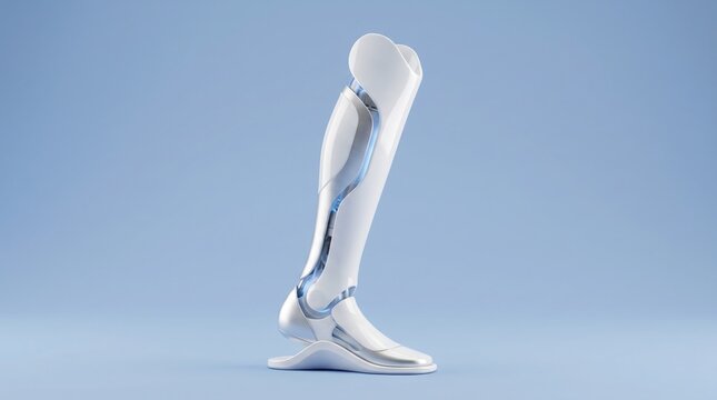 A highly detailed and futuristic prosthetic leg made of shiny white and silver materials with blue accents stands alone on a plain light blue background with subtle shadows underneath.
