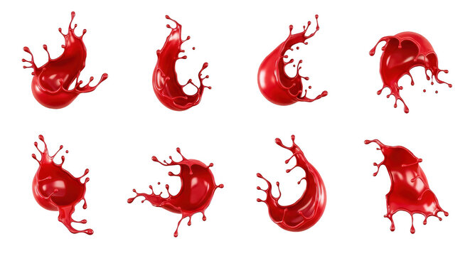 artistic depiction of red liquid splashes floating against a white background fluid dynamics potentially for design elements