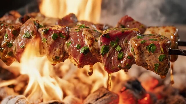 Juicy marinated meat skewer grilling over open fire and served on flatbread with fresh herbs in cinematic food closeup