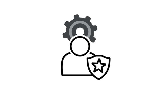 Animated line icon showcasing a profile avatar with a gear mind protected by a premium star quality defense shield.