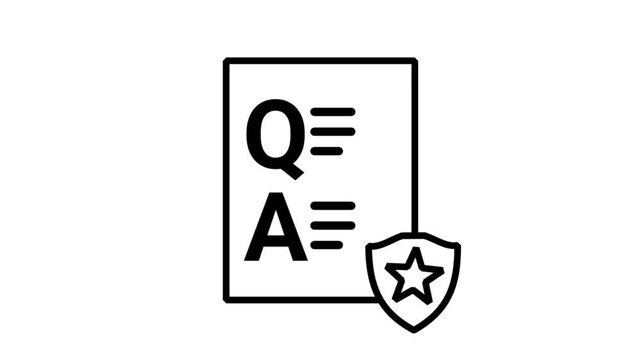 Animated line icon presenting a Q and A questionnaire document paper protected by a premium star rating security shield.