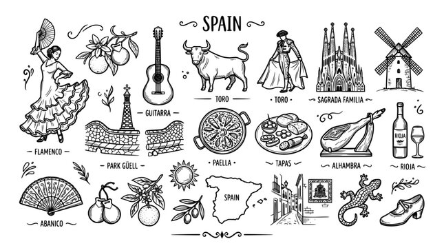 Set of hand drawn spain symbols and landmarks