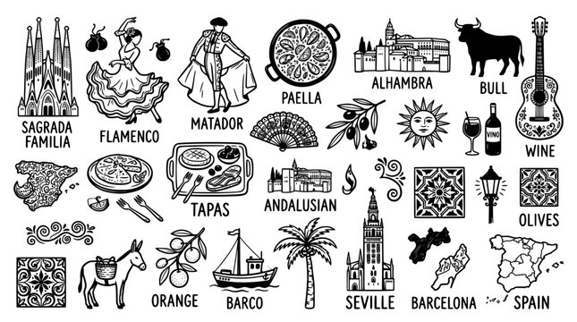 Set of hand drawn spanish culture and travel icons