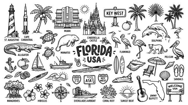 Florida travel icons set, hand drawn vector illustration