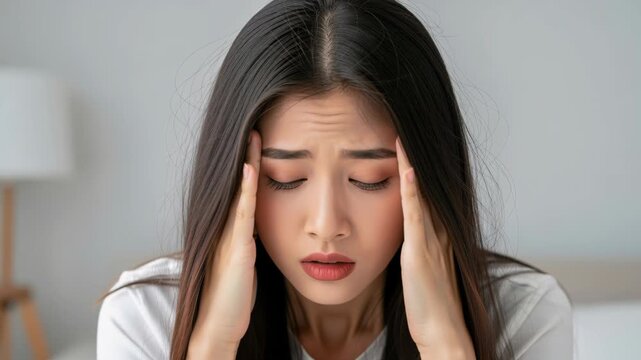 Headache and Stress: A young woman with dark hair clutches her temples, her eyes closed and face contorted in a grimace of pain.