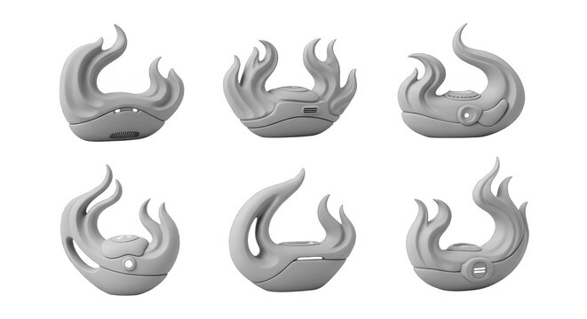 gray flame shaped device displayed in various angles on a white background design features 3d modeling or product presentations