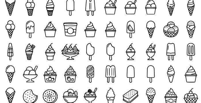 Summer ice cream and frozen dessert outline icon set with editable vector food symbols