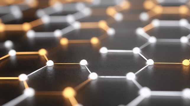 3D glowing hexagonal network grid background, abstract dark surface with warm orange and white connected dots, futuristic data structure.