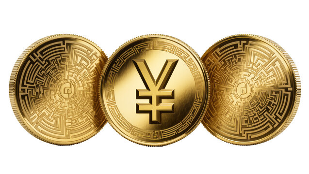 Isolated shiny gold cryptocurrency coins with maze pattern and Japanese Yen symbol