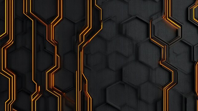 Abstract dark futuristic background with glowing orange circuit traces and 3D hexagonal pattern for technology concepts.