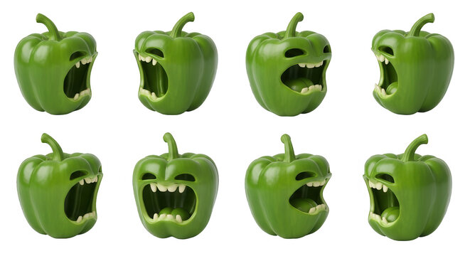 animated green bell peppers expressions on white background food or healthy lifestyle concepts