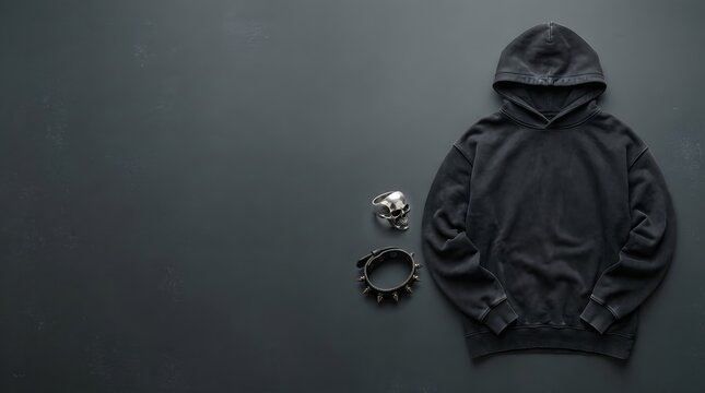 Black Oversized Hoodie Flat Lay with Skull Ring and Spiked Bracelet on Dark Textured Background, Gothic Streetwear Mockup